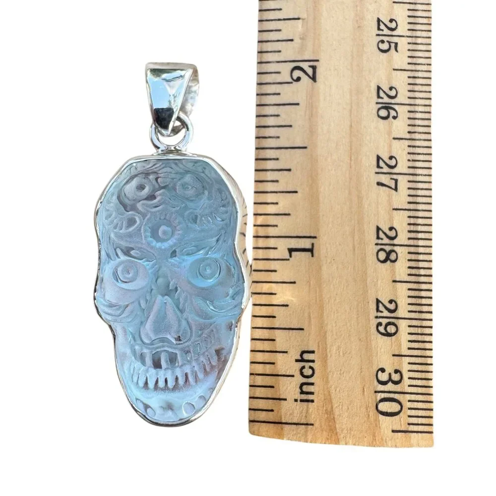 Sugar Skull Luminite Solid 925 Sterling Silver Pendant Handmade Taxco Mexico - Picture 8 of 8